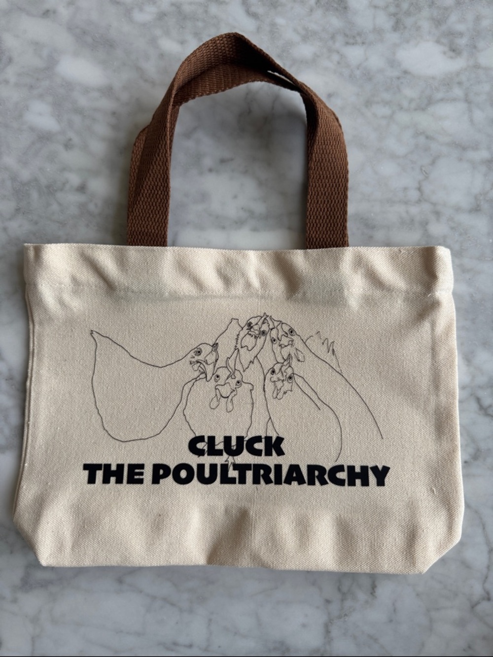 Canvas Tote Bag - Cream with Brown Handles - Cluck The Poultriarchy Print